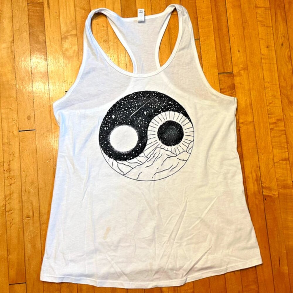 XL Yin Yang, Sun and Moon, Racerback Screenprint by ind. artist NWOT. LTD Ed.